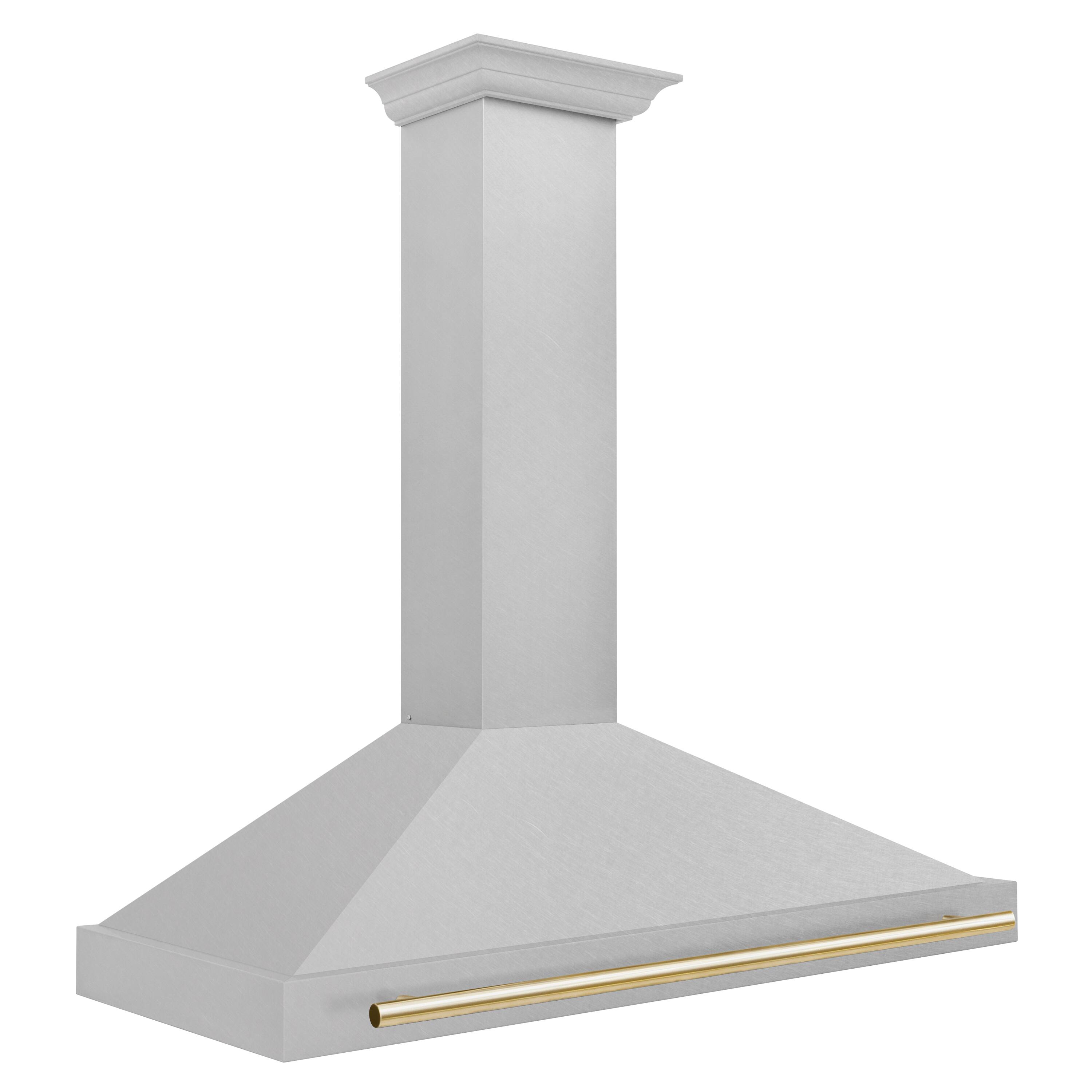 Left. ZLINE - ZLINE Autograph Edition 48 in. Convertible Satin Stainless Steel Wall Mount Range Hood with Polished Gold Handle - Stainless steel.