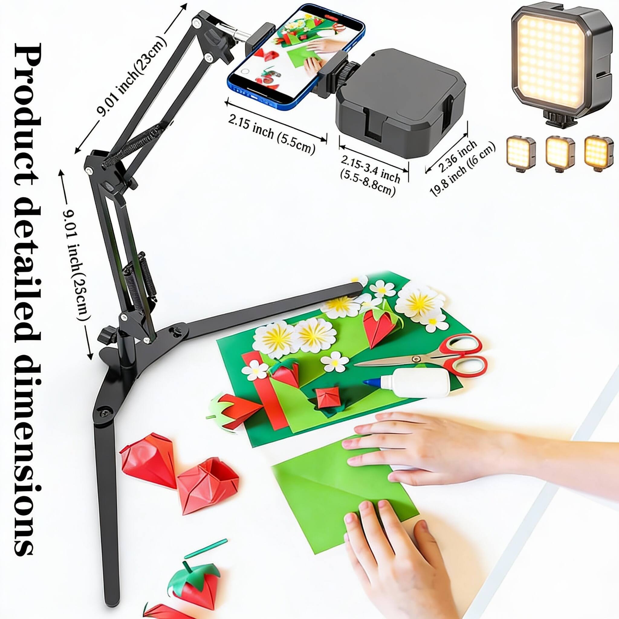 Product detailed dimensions  
- 9.01 inch (23cm)  
- 9.01 inch (25cm)  
- 2.15 inch (5.5cm)  
- 2.15-3.4 inch (5.5-8.8cm)  
- 2.36 inch (6cm)  
- 19.8 inch (50cm)