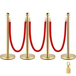VEVOR - 4PCS Gold Stanchion Posts Queue, 38 Inch Red Velvet Rope, Crowd Control Barriers Queue Line Rope - Gold + red