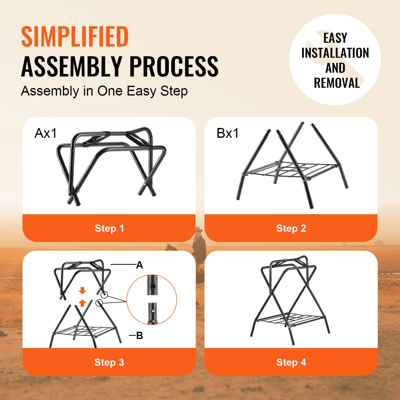 Simplified Assembly Process  
Assembly in One Easy Step  

EASY INSTALLATION AND REMOVAL  

Ax1  
Step 1  

Bx1  
Step 2  

Step 3  
A  
-B  

Step 4