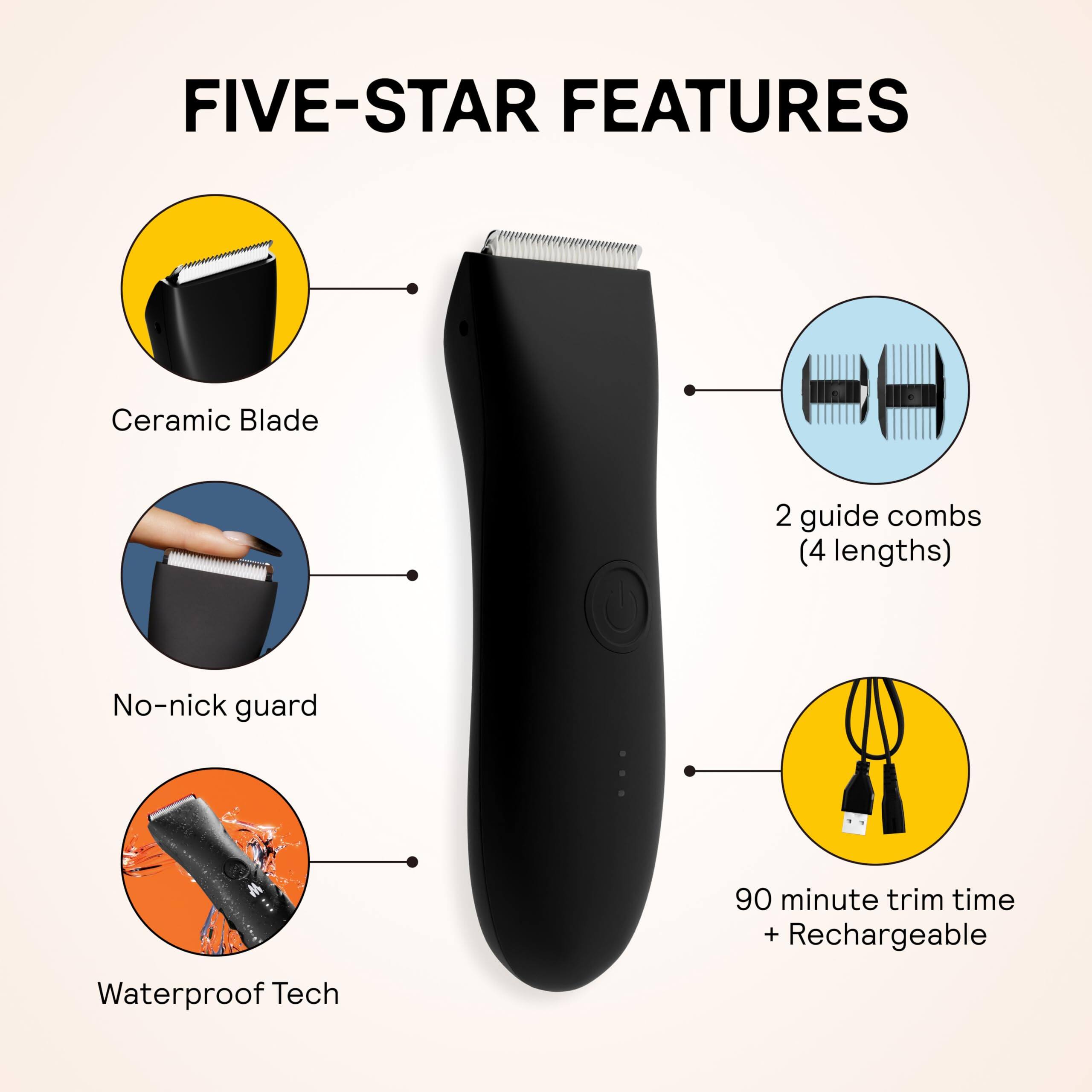 FIVE-STAR FEATURES

- Ceramic Blade
- 2 guide combs (4 lengths)
- No-nick guard
- Waterproof Tech
- 90 minute trim time + Rechargeable