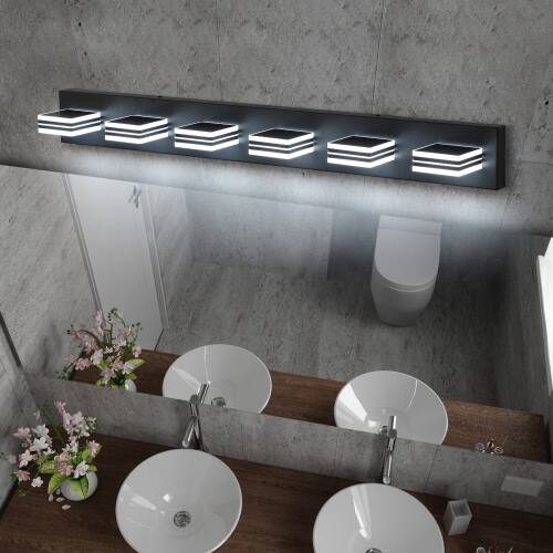 Left. LUCKY ONE - 39in Wall Mount LED Vanity Light, 6-Light Black Fixture with Square Acrylic Shades for Bathroom - Black.
