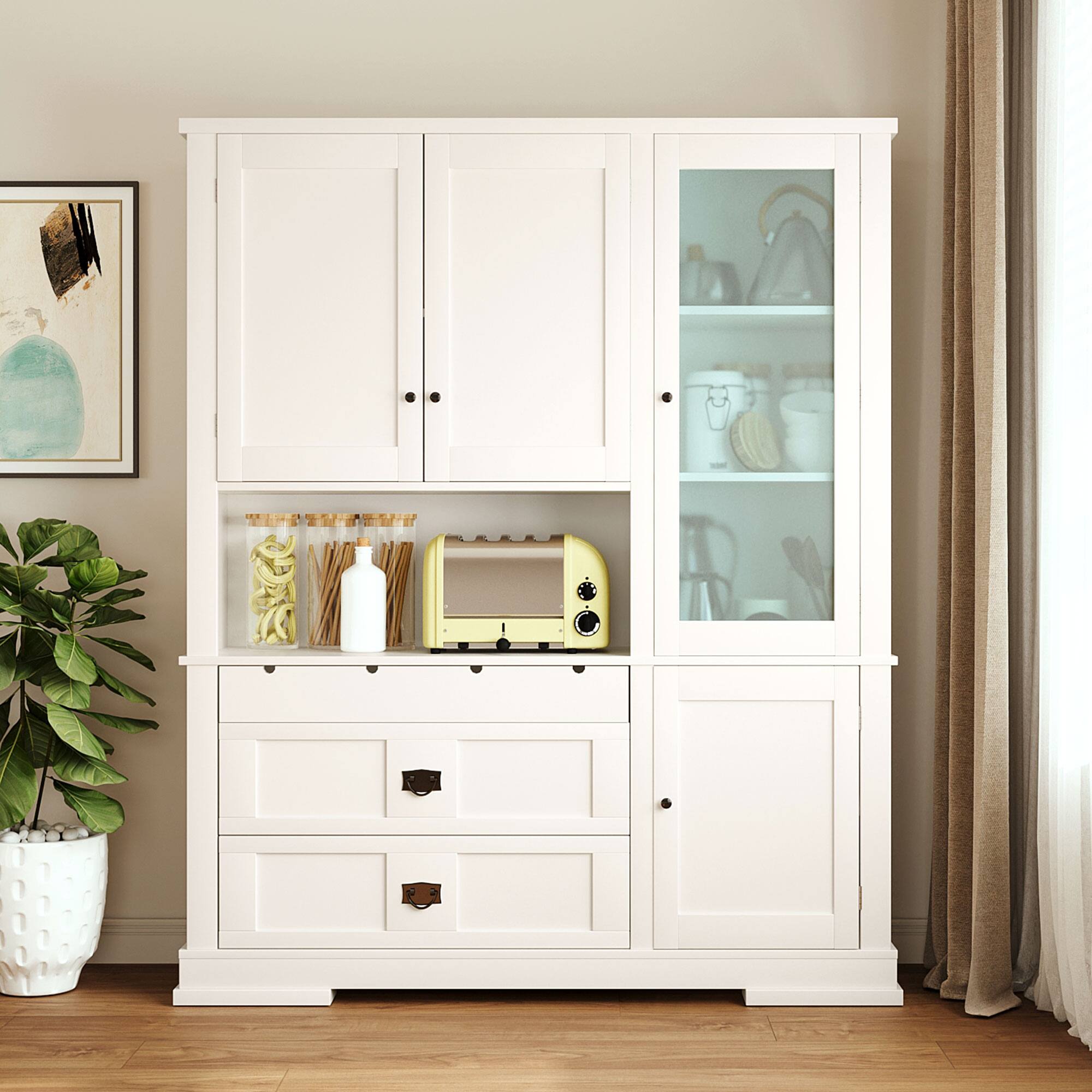 Angle. Whisen - 63" W Kitchen Buffet with Hutch, Storage Pantry Cabinet with Microwave Workstation & 3 Drawers - White.