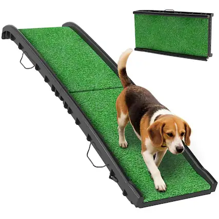 Front. PULUZ - Folding Dog Ramp for Car, 61 Inches Portable Pet Ramp with Non Slip Grass Surface, Raised Side Rails.