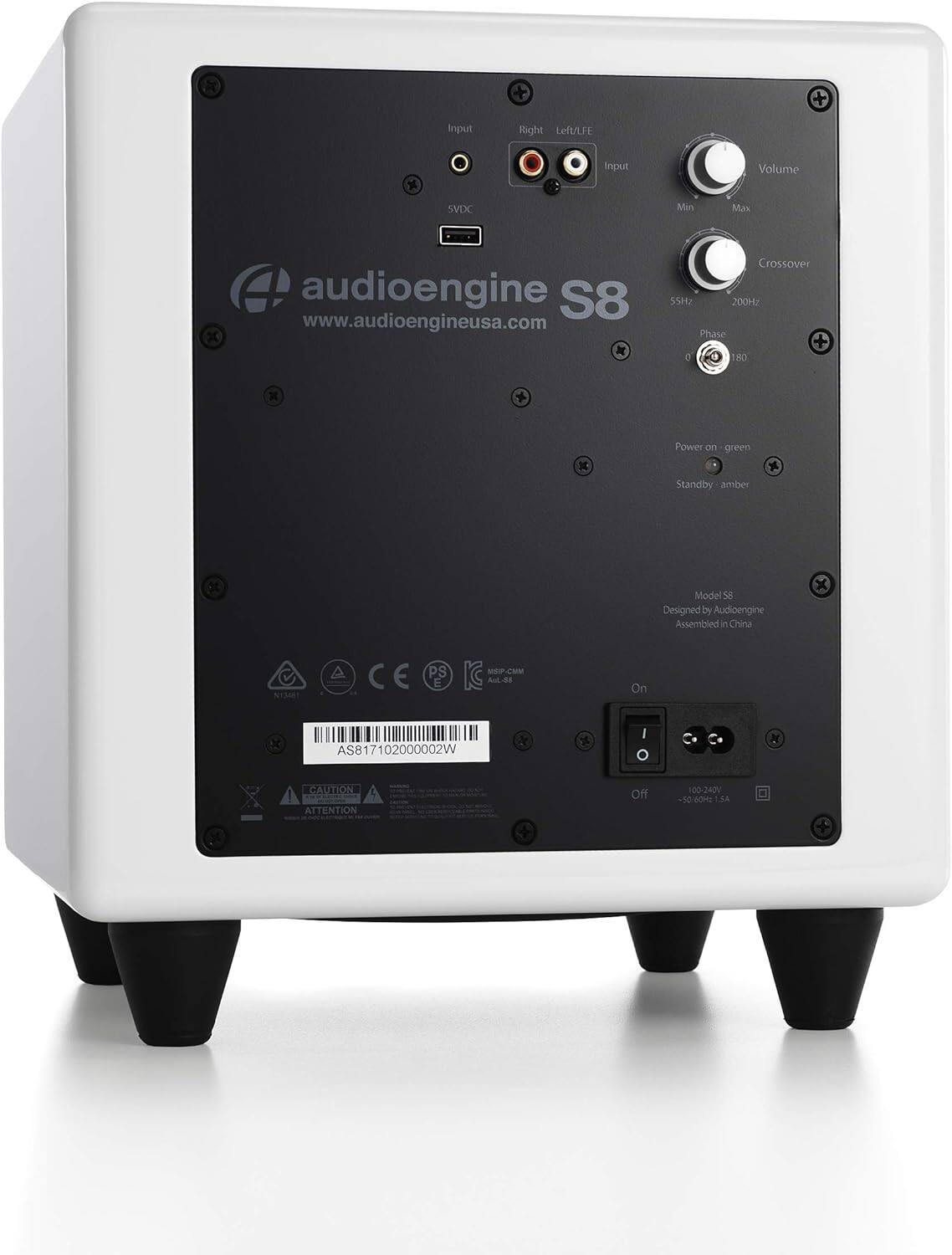 Sure, here is the corrected and grouped text from the image:

---

**audioengine S8**  
www.audioengineusa.com

**Input**  
- Right  
- Left/LFE  
- Input  
- Volume (Min to Max)  
- Crossover (55Hz to 200Hz)  
- Phase (0° to 180°)  

**Power**  
- Power on: green  
- Standby: amber  

**Model S8**  
- Designed by Audioengine  
- Assembled in China  

**Power Switch**  
- On  
- Off (100-240V, -10% to +10%, 50/60Hz, 1.5A)  

**Caution**  
- ATTENTION  

**Certifications**  
- CE  
- PS  
- K  
- NI3A  

**Barcode**  
- AS817102000002W  

---

This should cover all the information from the image.