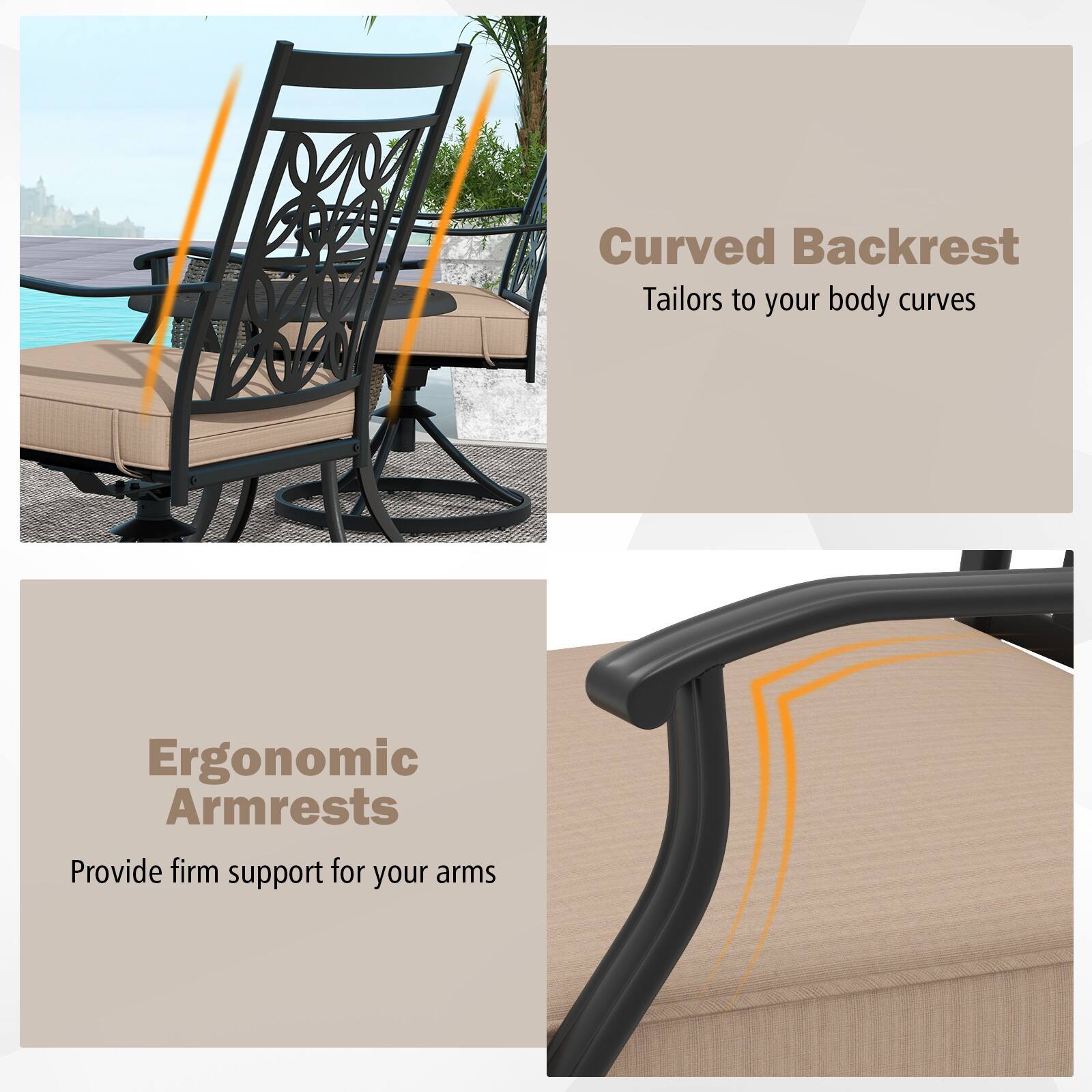 Curved Backrest  
Tailors to your body curves  

Ergonomic Armrests  
Provide firm support for your arms
