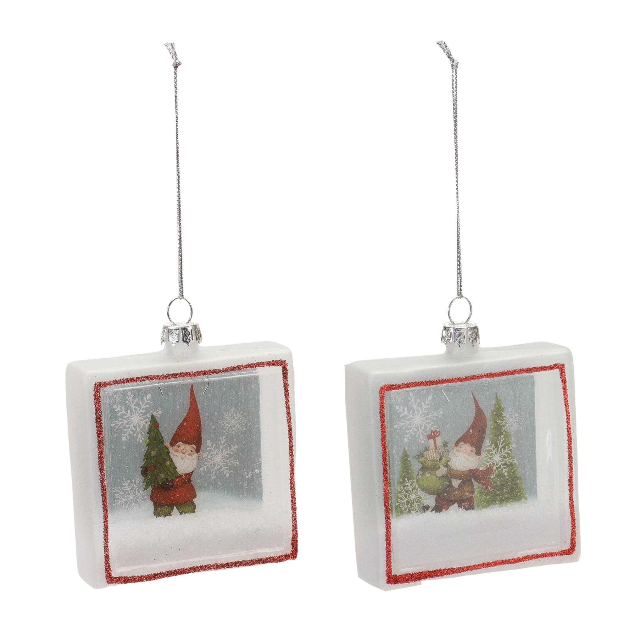 Angle. BreeBe - Glass Gnome Shadow Box Ornament (Set of 6) - White, Red, Green.