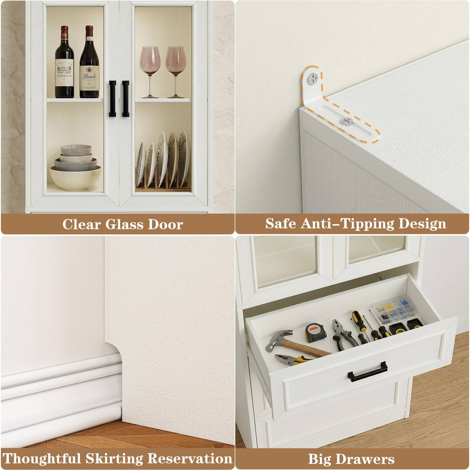 - Clear Glass Door
- Safe Anti-Tipping Design
- Thoughtful Skirting Reservation
- Big Drawers