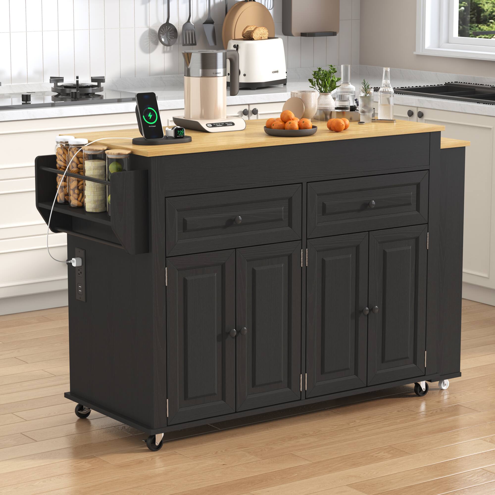 Angle. Espafurni - 80"-48" Extendable Kitchen Island with Dining Table & Power Outlet,Drawers,Shelves, Mobile Rolling Cart - Black.