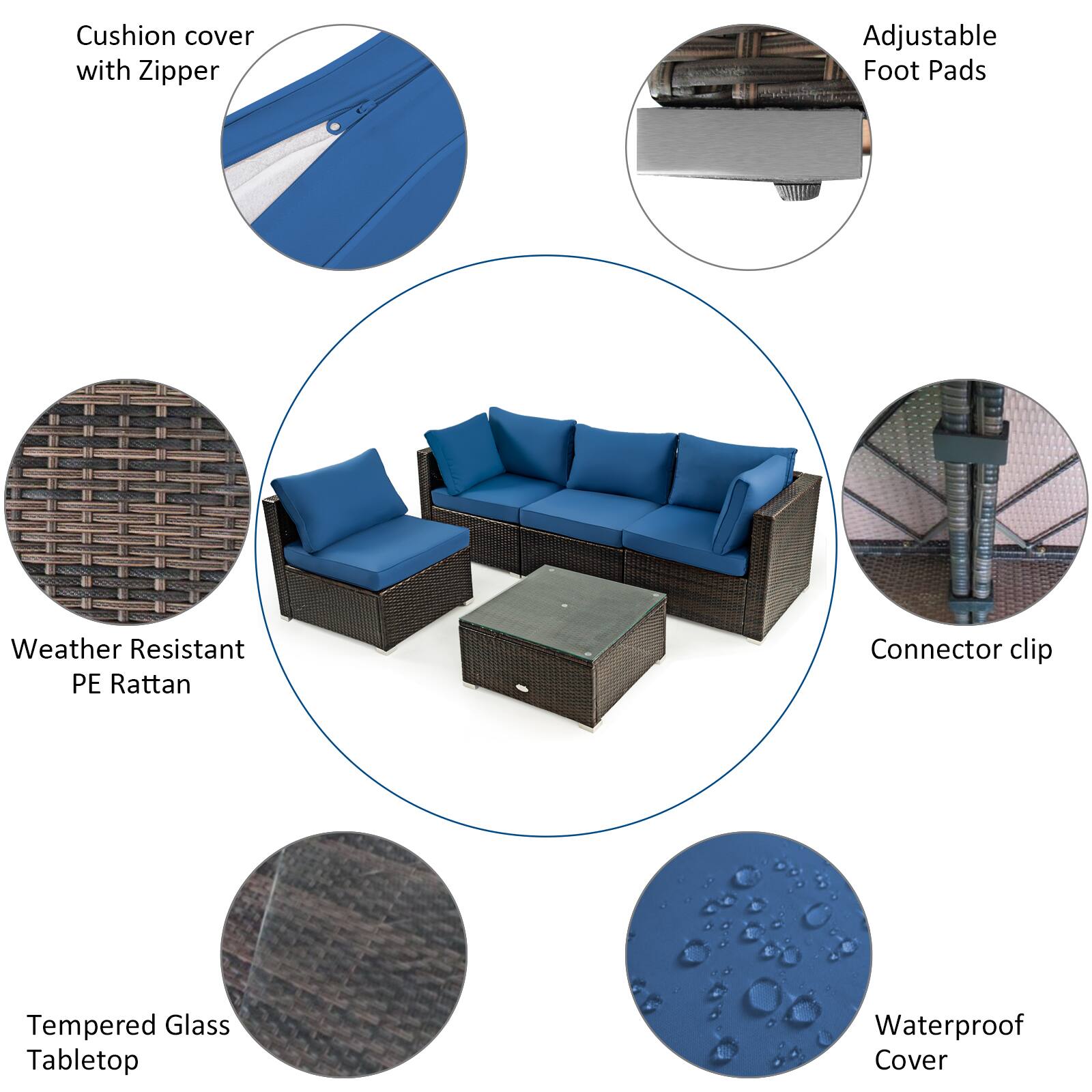 - Cushion cover with Zipper
- Adjustable Foot Pads
- Weather Resistant PE Rattan
- Connector clip
- Tempered Glass Tabletop
- Waterproof Cover