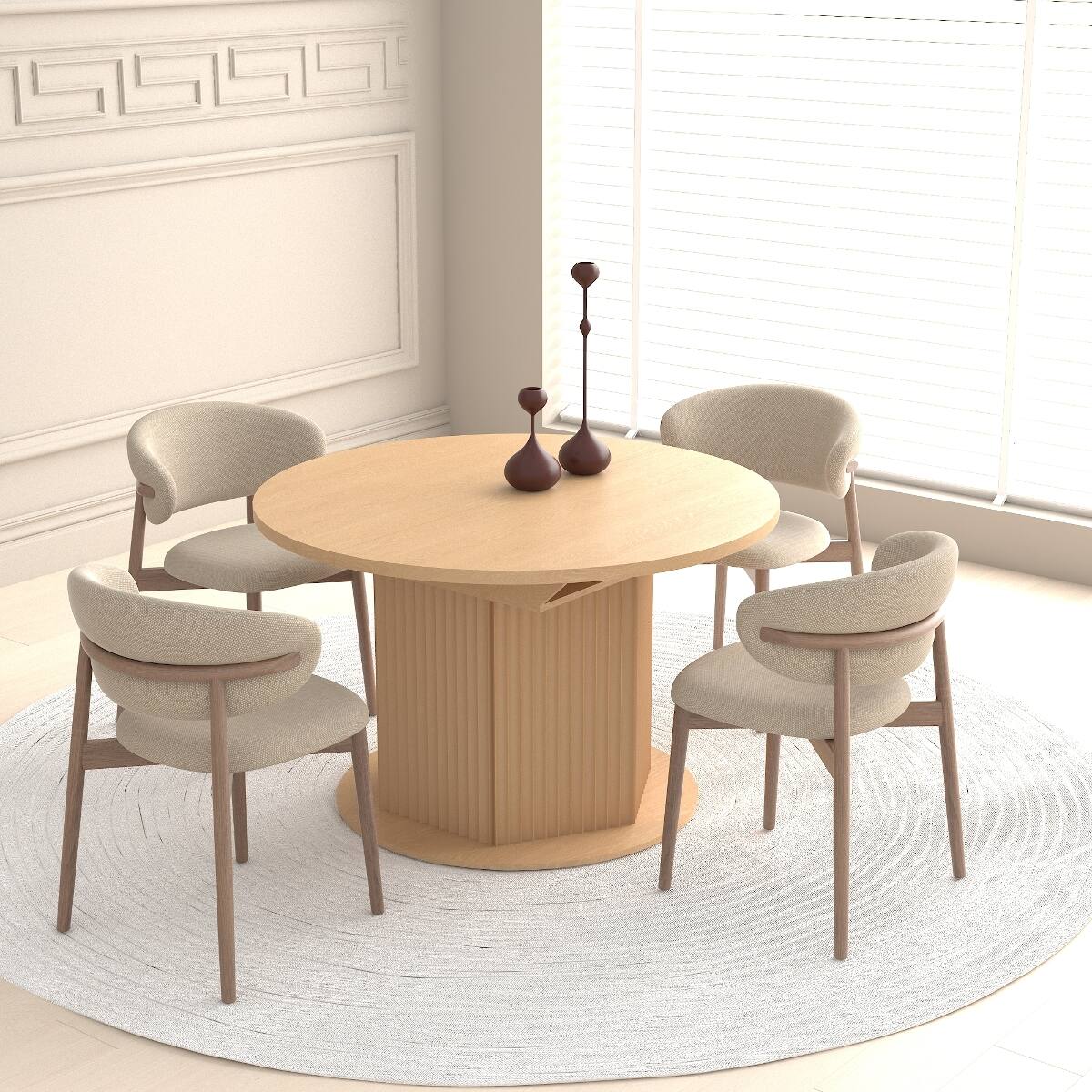 Left. Loheer - Loheer Extendable Round Dining Table for Six, Light Brown Wood Table with Textured Base - Light Brown.