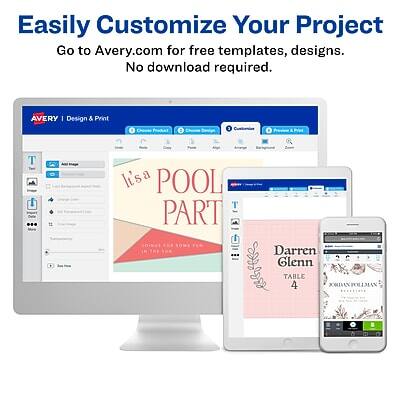 Easily Customize Your Project  
Go to Avery.com for free templates, designs.  
No download required.

AVERY | Design & Print

Hi, it's a POOL PARTY  
Join us for some fun in the sun!

Darren Glenn  
TABLE 4  
JORDANPOLLMAN