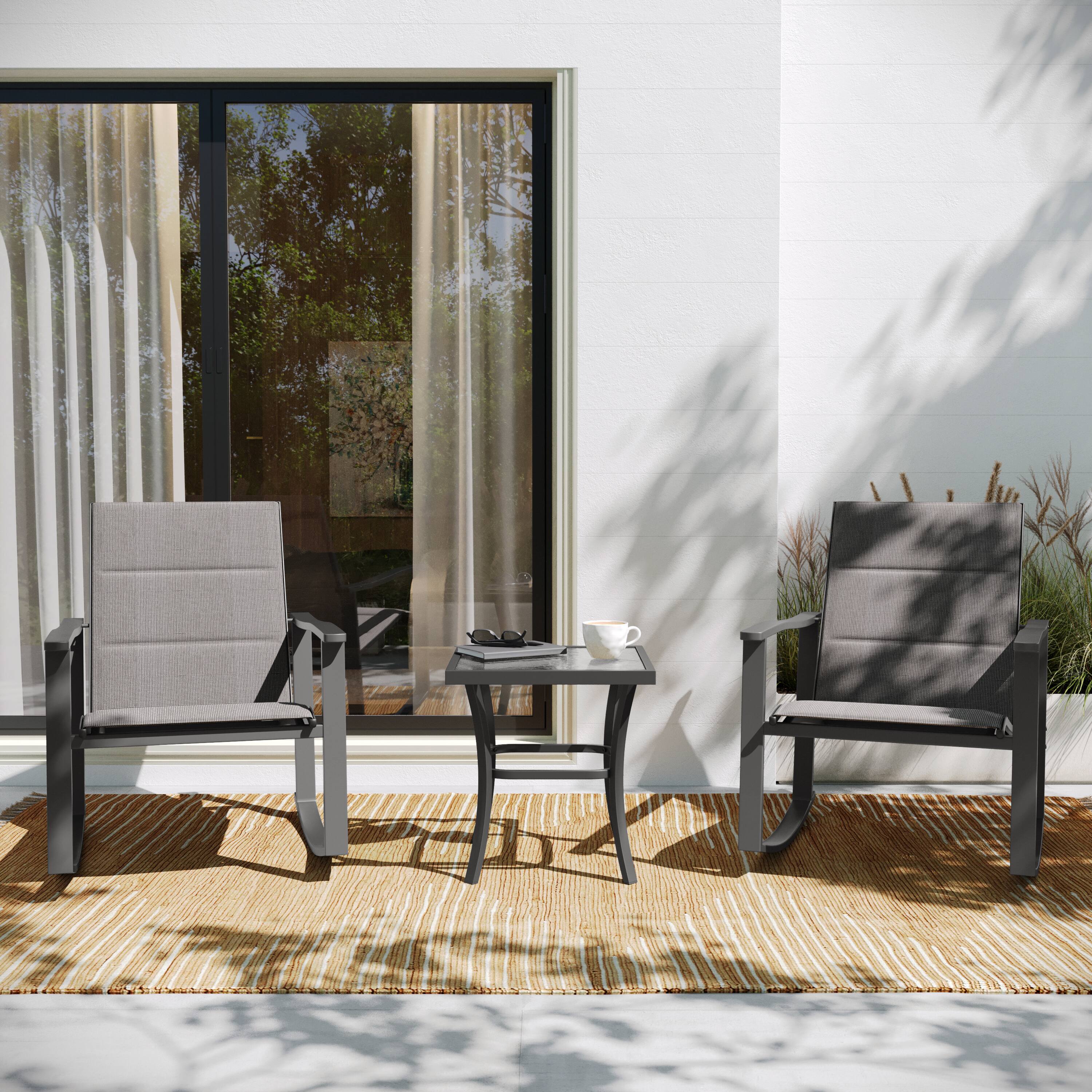 Alt View 1. Flash Furniture - Brazos 3 Piece Outdoor Rocking Chair Bistro Set with Flex Comfort Material and Steel Framed Glass Top Table, Gray/Black - Gray.