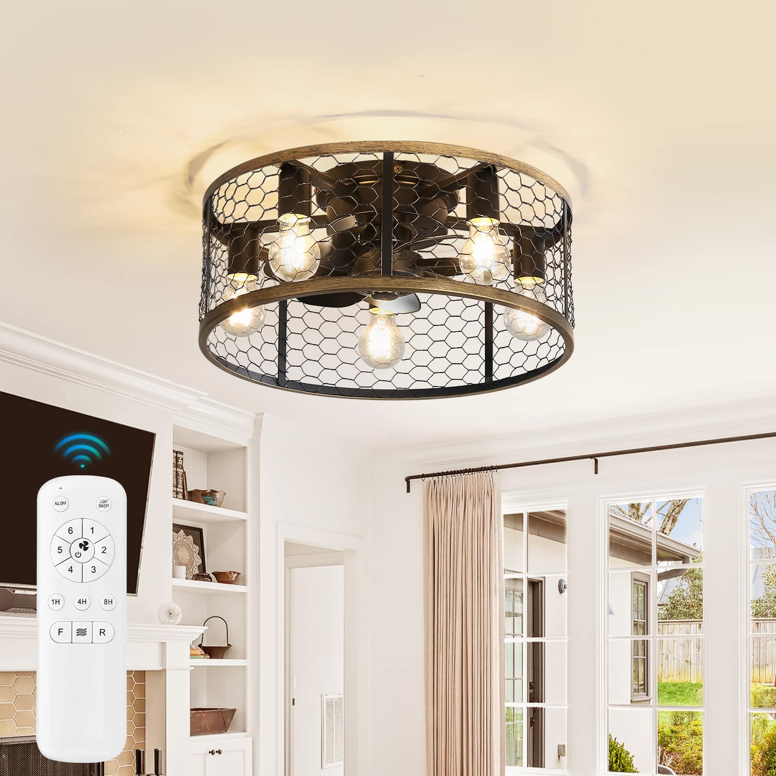 Front. Sofucor - 20'' Caged Rustic Farmhouse Ceiling Fan w/Remote Reversible DC 6 Speed Ceiling Fan Light Fixture for Dining Room Bedroom - Black- Flush Mount.