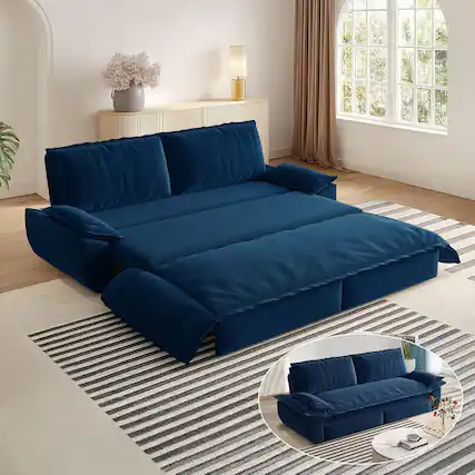 Front. Trinkets Crazed - 73.2" Queen Size Sofa Bed, 3 in 1 Convertible Pull Out Sleeper Sofa with Thicked Cushions and Side Storage - blue.