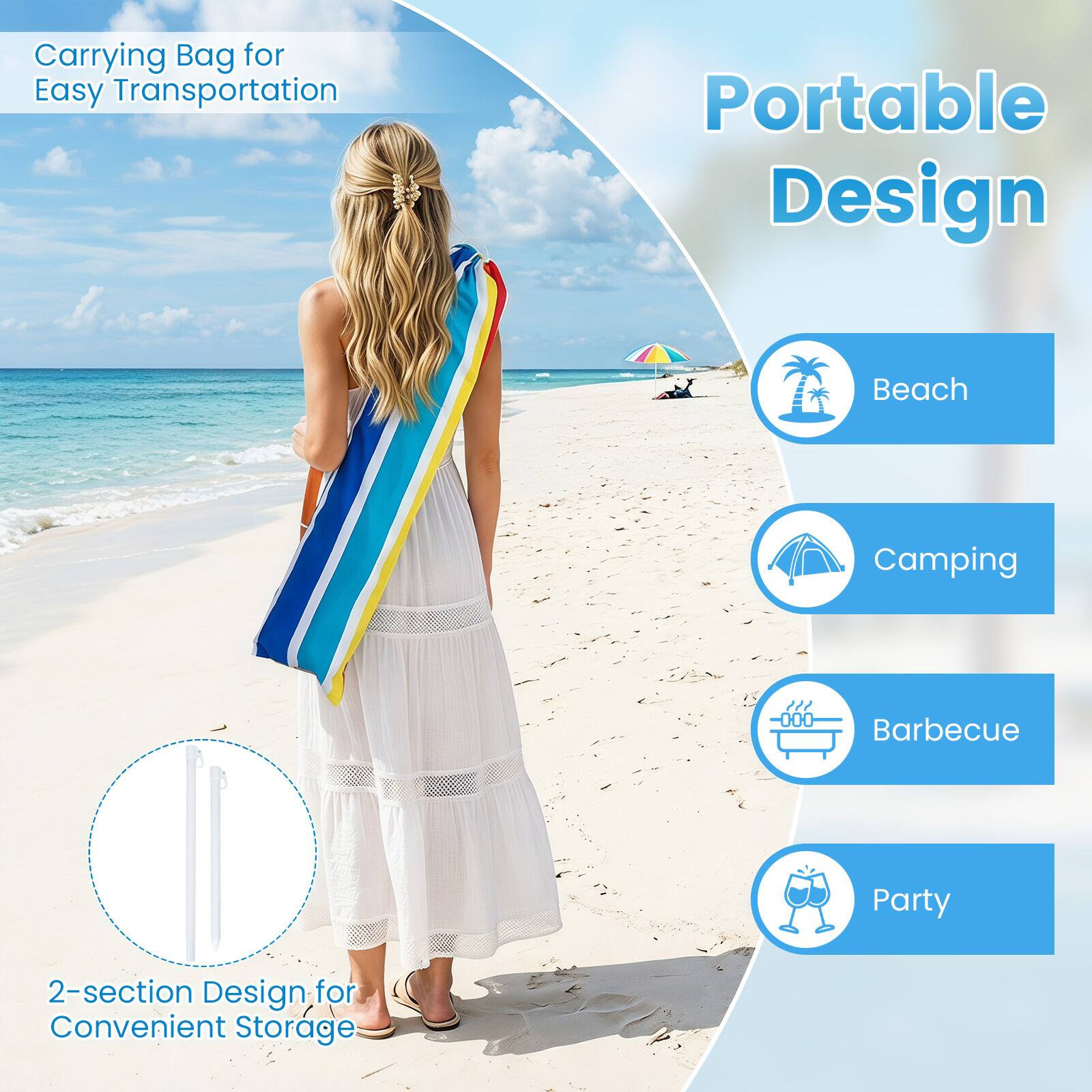 Carrying Bag for Easy Transportation  
Portable Design  
Beach  
Camping  
Barbecue  
Party  
2-section Design for Convenient Storage
