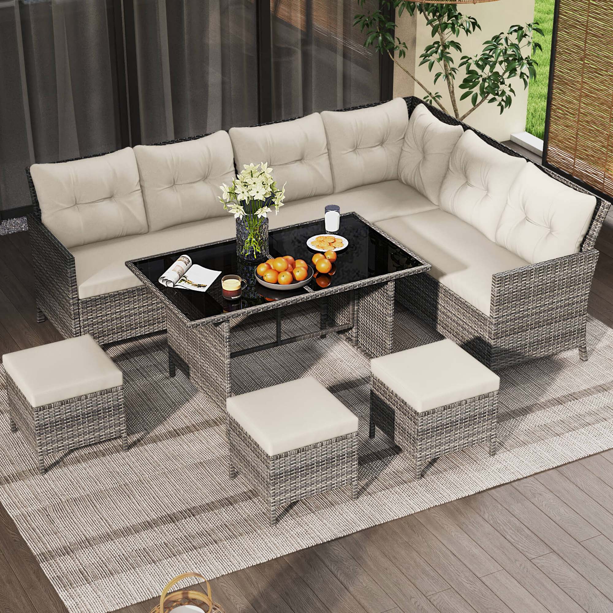 Alt View 1. Costway - 7 PCS Patio Dining Furniture Set PE Rattan Sectional Sofa Set with Soft Cushions - Mix Gray,Off White.