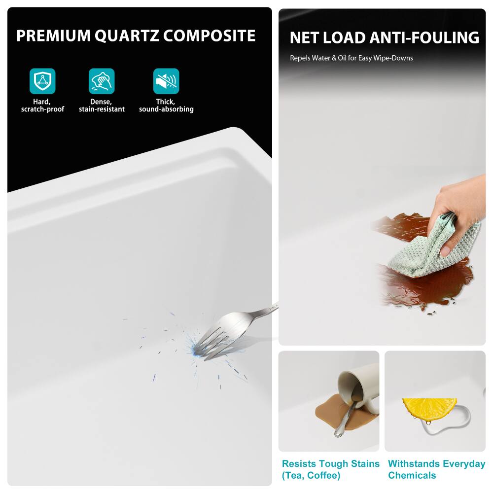 PREMIUM QUARTZ COMPOSITE  
- Hard, scratch-proof  
- Dense, stain-resistant  
- Thick, sound-absorbing  

NET LOAD ANTI-FOULING  
- Repels Water & Oil for Easy Wipe-Downs  

Resists Tough Stains (Tea, Coffee)  
Withstands Everyday Chemicals