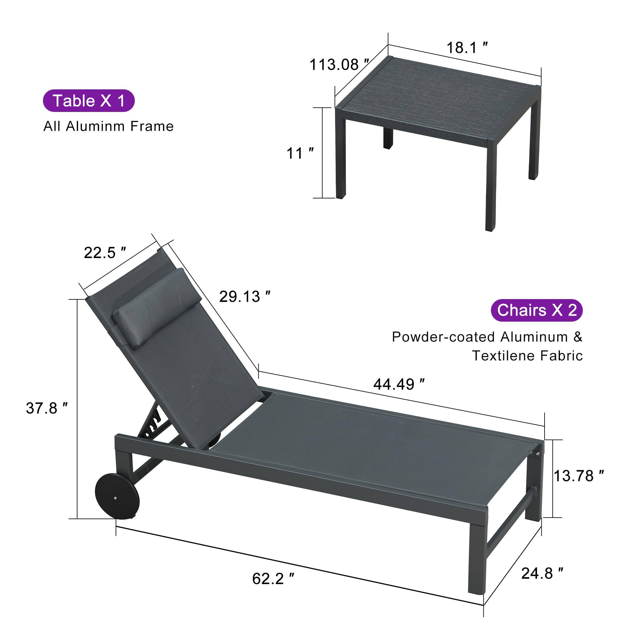 Table X 1  
All Aluminum Frame  
113.08" x 18.1" x 11"  

Chairs X 2  
Powder-coated Aluminum & Textilene Fabric  
62.2" x 44.49" x 37.8" x 24.8" x 13.78" x 29.13" x 22.5"