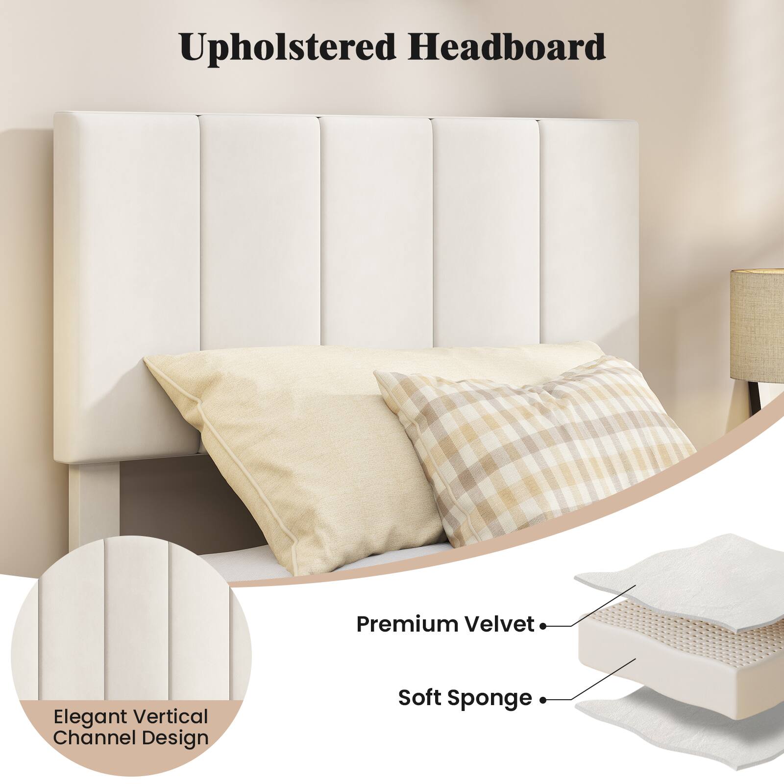 Upholstered Headboard Premium Velvet Elegant Vertical Channel Design Soft Sponge