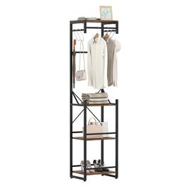Costway - Freestanding Coat Rack with 4 Storage Shelves 6 Hooks & 3 Hanging Rods for Entryway - Brown