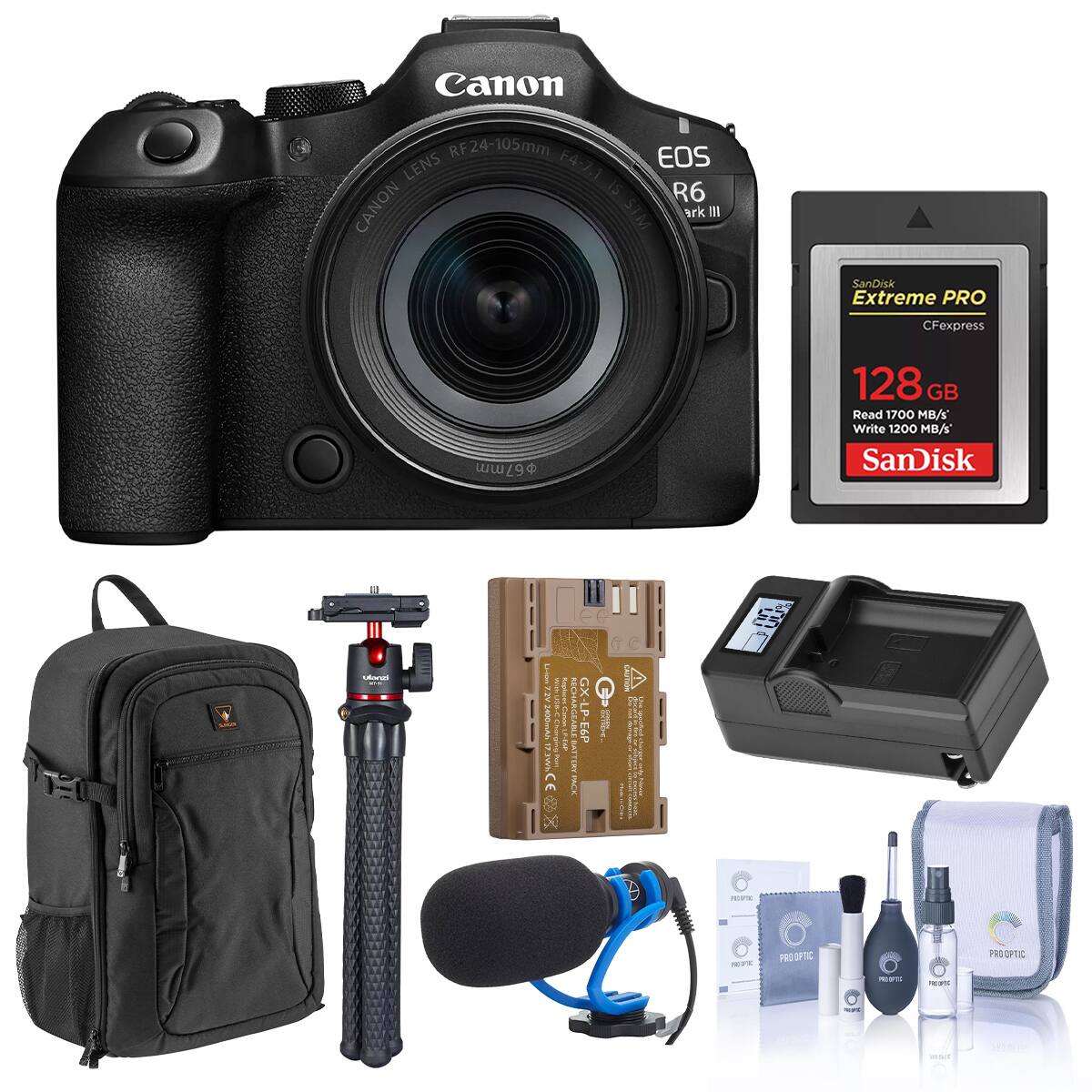 Canon RF24-105mm EOS LENS F4-7.1 is R6 CANON STM ark III

SanDisk Extreme PRO CFexpress 128GB Read 1700 MB/s Write 1200 MB/s

67mm

SPORTHOLOGE BOXE

ee CHEE LE-EAR BATTERY RECHARGEABLE GX-LP-E6P FACE

CALISTION

nn %

REFIC 15%

PRO OPTIC

PROOPTIC

PREME

NEW

NGFI

Today 580.06