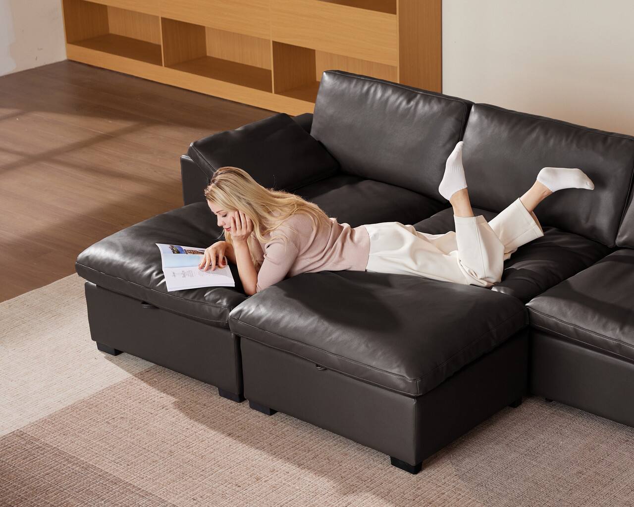 Back. Dyonery - Dyonery 120" Sectional Couches,Modern Modular Sectional Sofa,with Comfy Deep Seats,Fluffy L-Shape PU Leather Sofa Couch - Black.