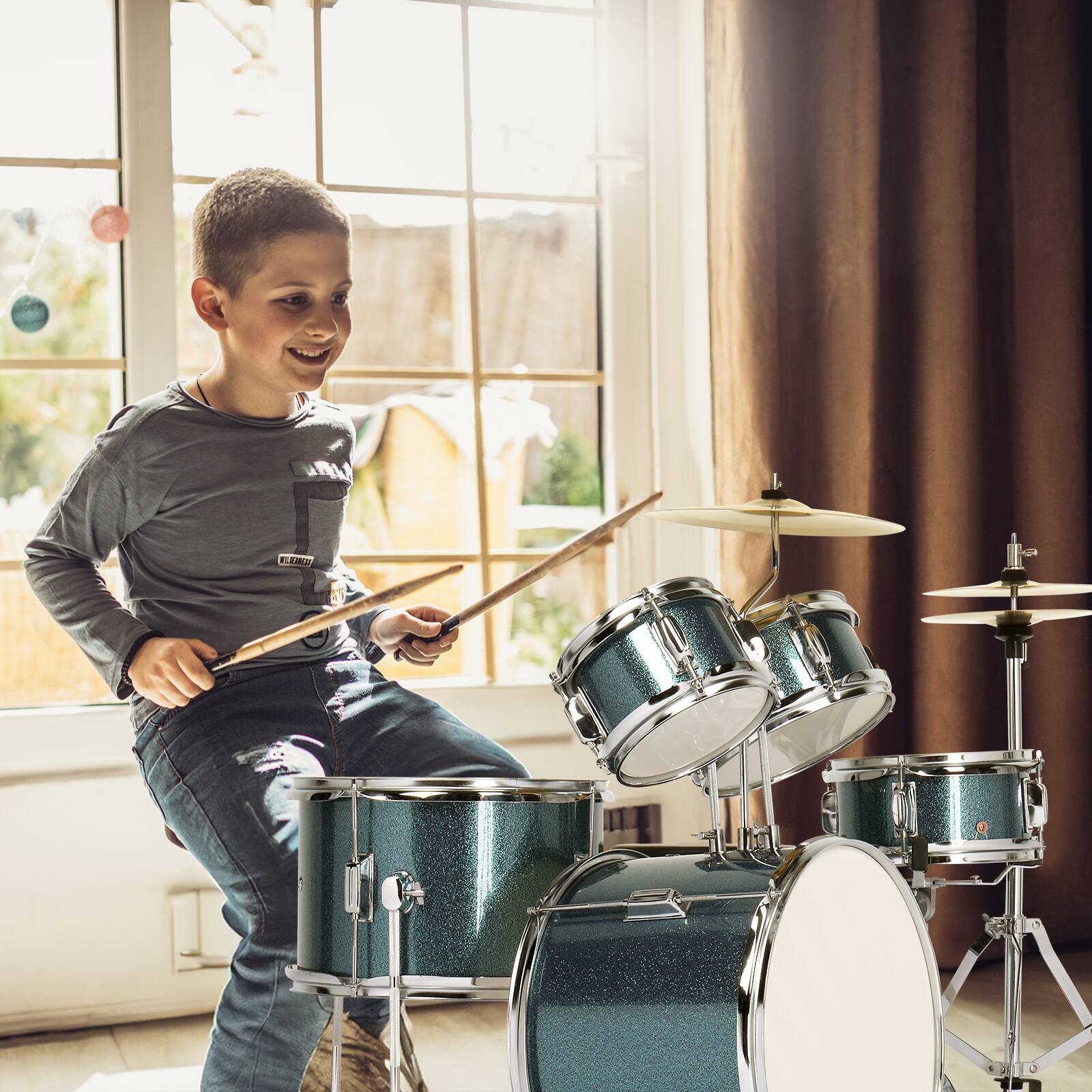Alt View 4. Winado - 5 Piece Full Size Complete Junior Starter Drum Set Cymbals Kit /w Stool,Sticks.