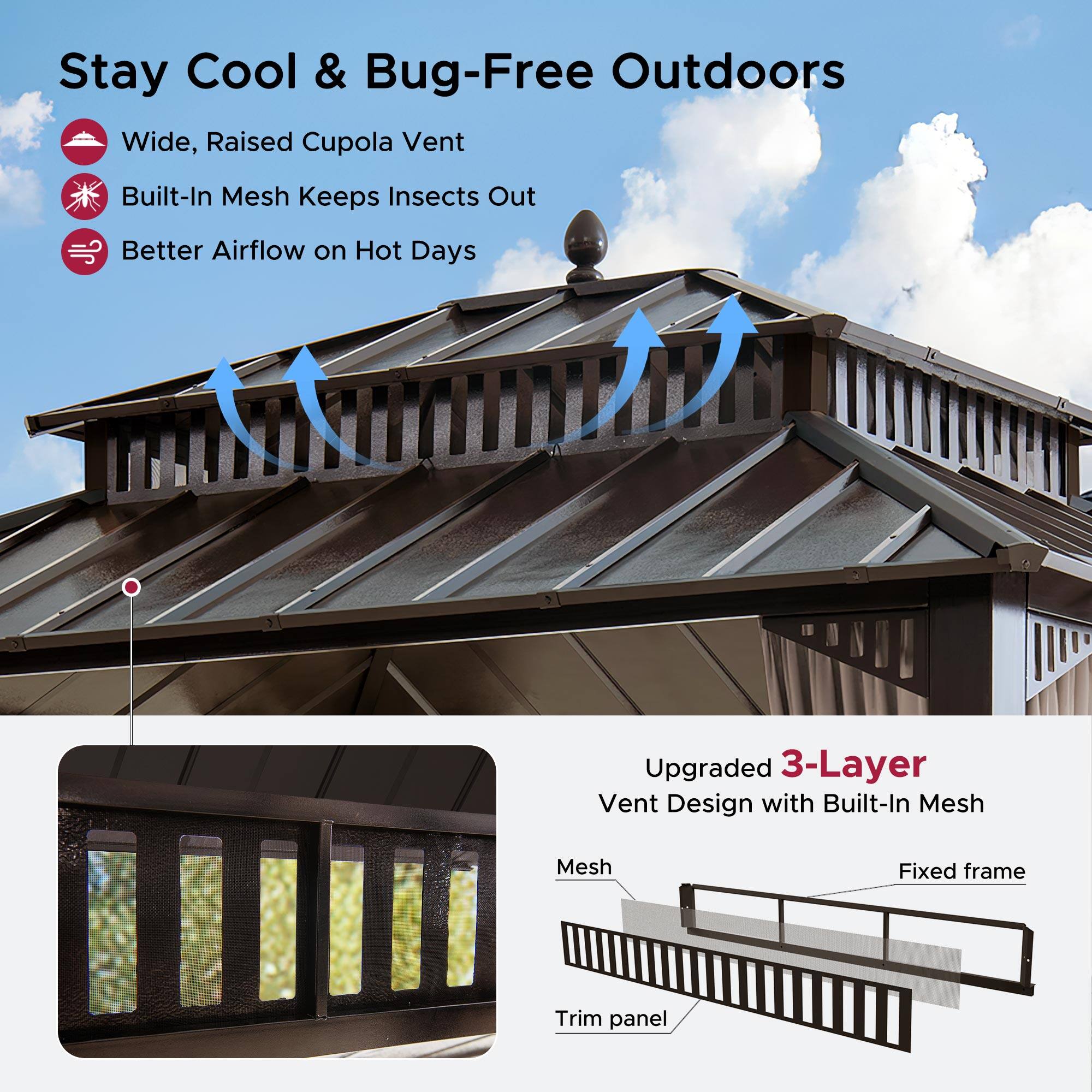 Stay Cool & Bug-Free Outdoors

- Wide, Raised Cupola Vent
- Built-In Mesh Keeps Insects Out
- Better Airflow on Hot Days

Upgraded 3-Layer Vent Design with Built-In Mesh

- Mesh
- Fixed frame
- Trim panel