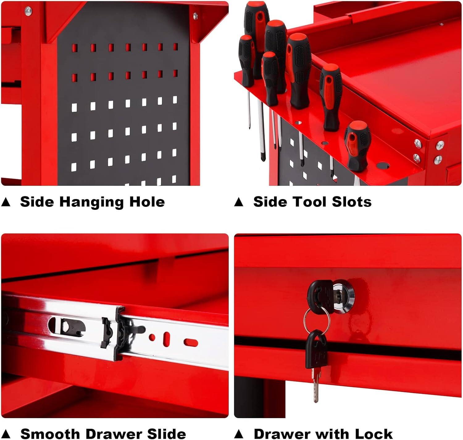 Side Hanging Hole, Side Tool Slots, Smooth Drawer Slide, Drawer with Lock