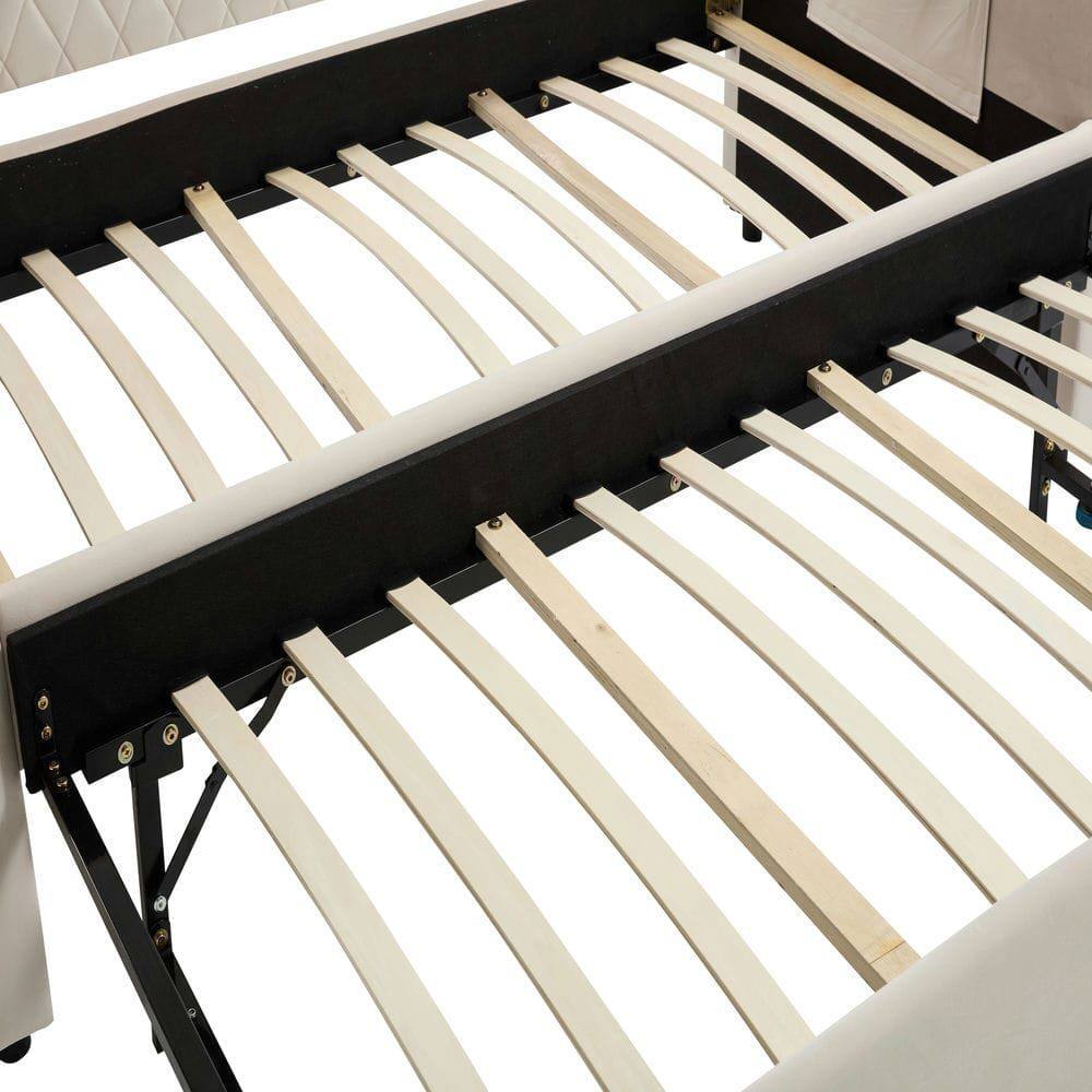 Angle. Kadyn - Twin Upholstered Daybed with Trundle, USB Port & Side Pockets, Modern V-Grain Backrest, No Box Spring - Beige.