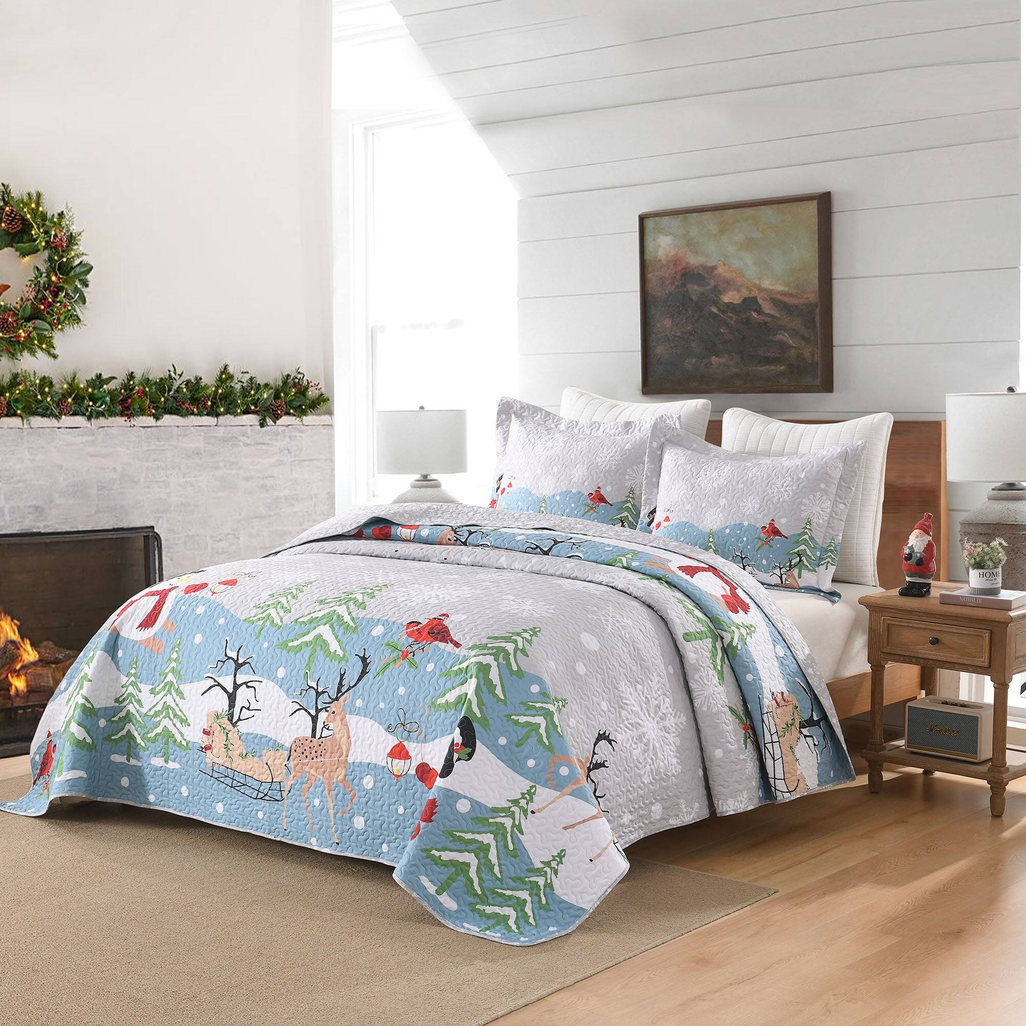 Angle. MarCielo - MarCielo 3 Pcs Wonderland Polyester Reversible Bedspread Set Christmas Quilt Set - Multicolored.