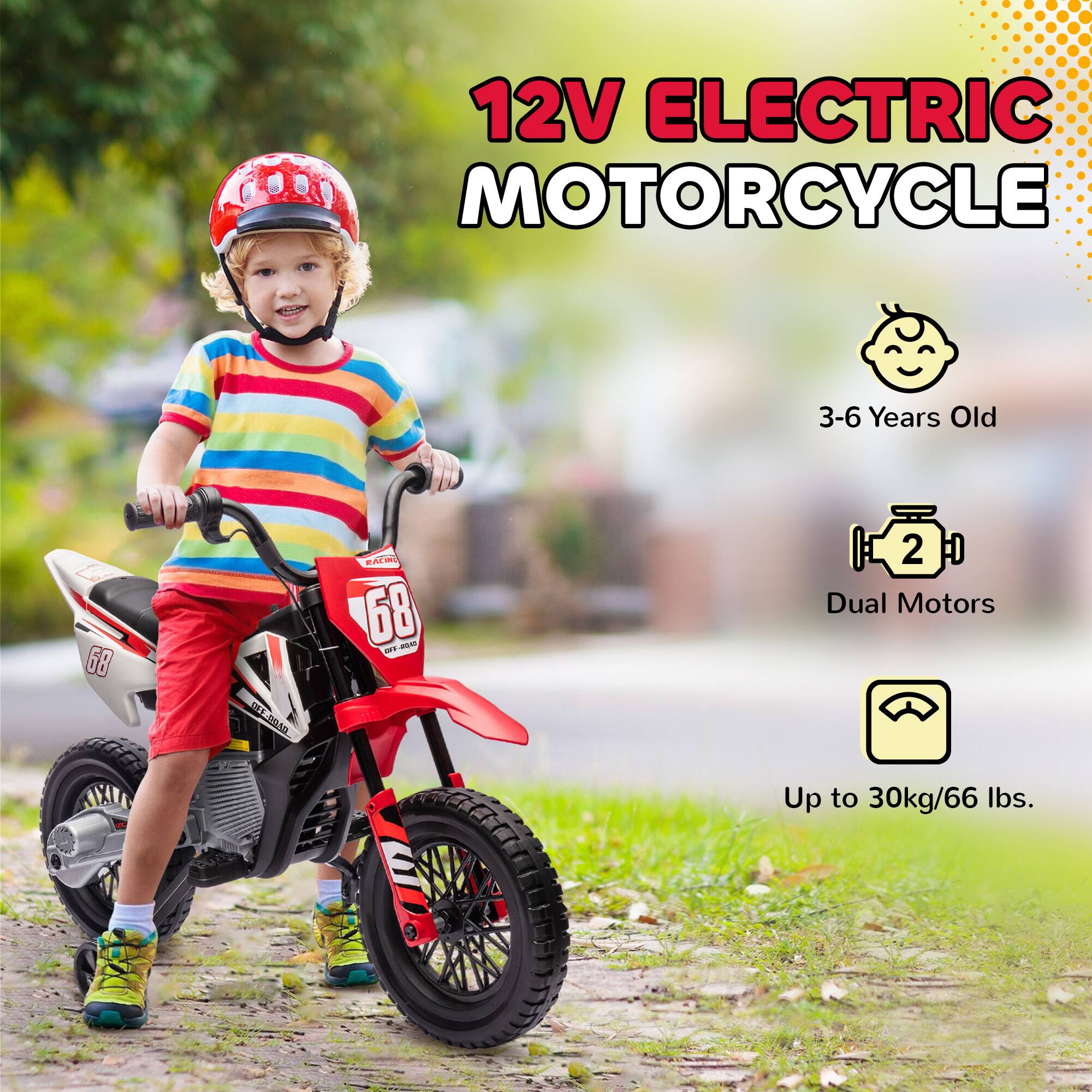 12V ELECTRIC MOTORCYCLE

- 3-6 Years Old
- Dual Motors
- Up to 30kg/66 lbs.