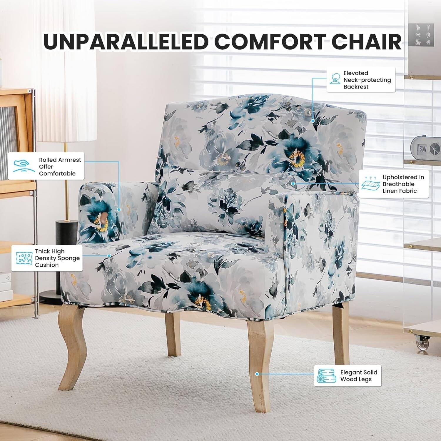 UNPARALLELED COMFORT CHAIR

- Rolled Armrest
- Offer Comfortable

- Thick High Density Sponge Cushion

- Upholstered in Breathable Linen Fabric

- Elevated Neck-protecting Backrest

- Elegant Solid Wood Legs