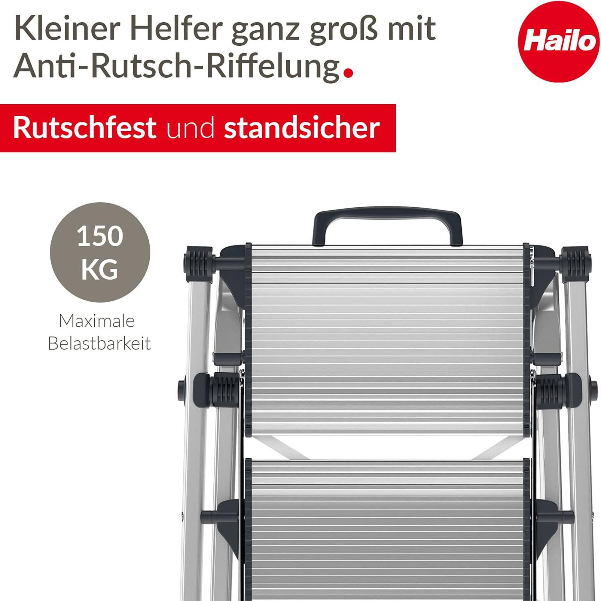 Kleiner Helfer ganz groß mit Anti-Rutsch-Riffelung.  
Rutschfest und standsicher  
150 KG Maximale Belastbarkeit