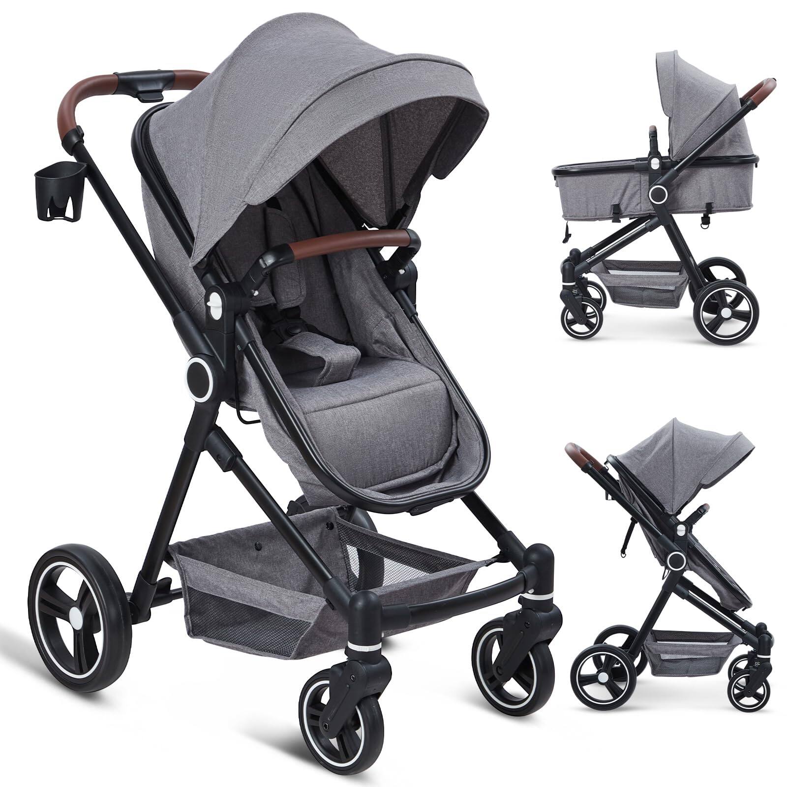Front. Jojoka - 2 in 1 Baby Stroller, Folding Pushchair Reversible Infant seat with Storage Basket, Removable Seat, Cup Holder, Canopy - Light Gray.