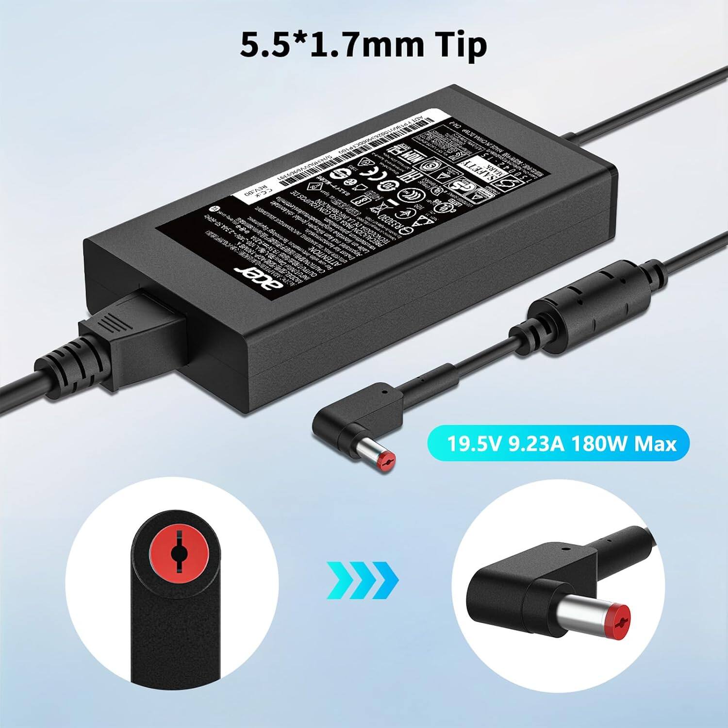 5.5*1.7mm Tip

ADT 01811 REV:00 CC*  milkeotakt SEGAn(450kcal).com osn R33030 nikoples pistoration ASID  18/00 Techerology kun un on PRECAUCION HEY for party Leite GRADP Endist acer www.facebook.com BBOW

CHIS  MADE IN SAFETY MARK USTED

19.5V 9.23A 180W Max