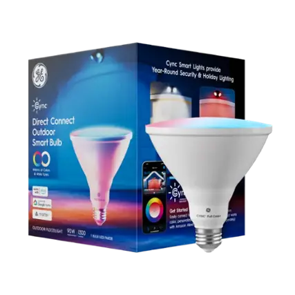 The text on the image is grouped and corrected as follows:

"Cync Smart Lights Year-Round provide Security & Holiday Lighting. Cync Direct Connect Outdoor Smart Bulb offers millions of colors and 8 white tones, works easily with Google Home and Amazon Alexa. Get started on connect with CYNC Full Color Smart Bulb, works effortlessly with Amazon Alexa and Google Home. Outdoor Floodlight 90W - E 1300 lumens, UV-C sterilization, BULB LED PARSO CYNC Smart Lights."