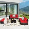 Front. Gymax - Gymax 6PCS Rattan Patio Sectional Sofa Set Outdoor Furniture Set w/ Red Cushions - Red.
