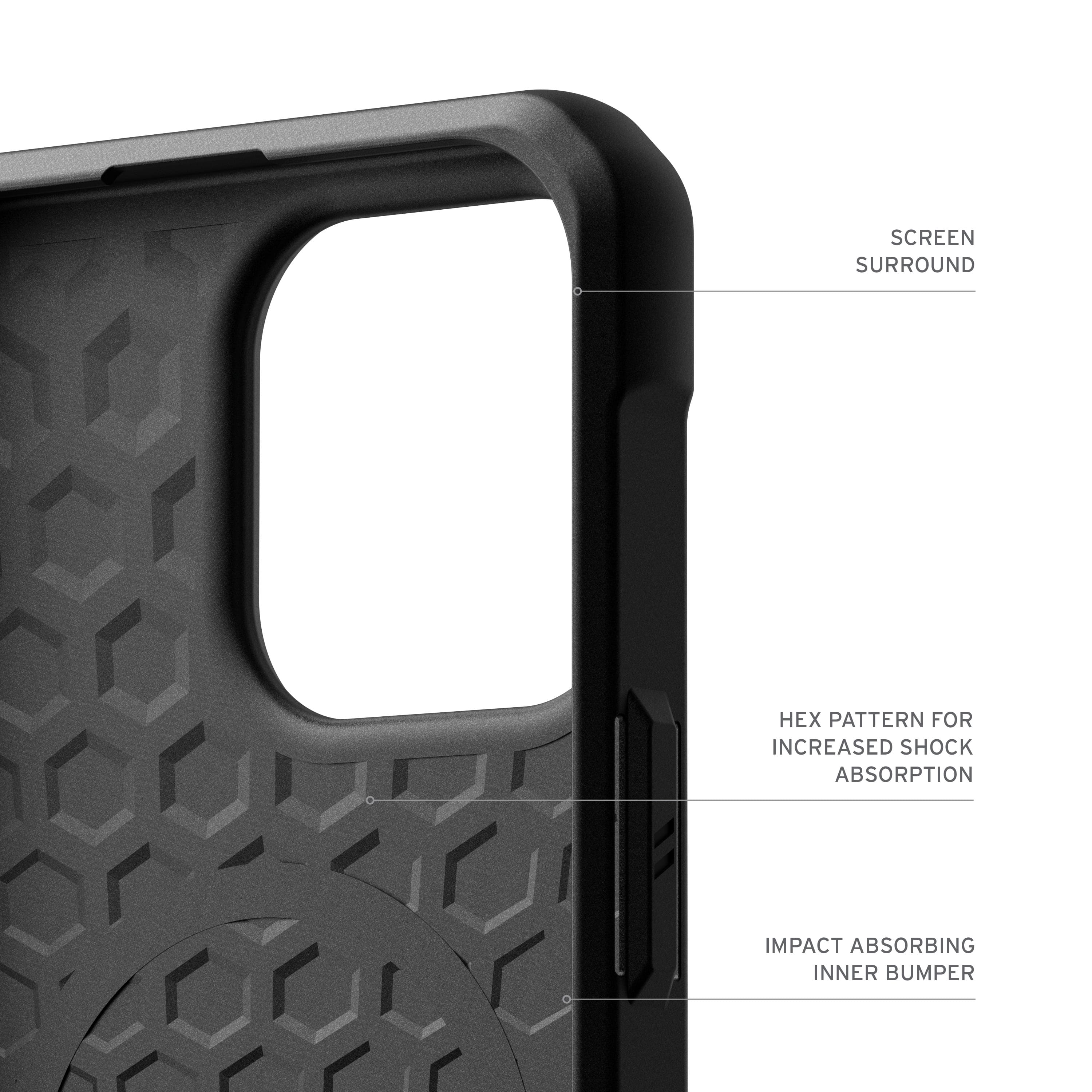 The text on the image reads:
1. Screen Surround X Pattern for Increased Shock Absorption
2. Impact Absorbing Inner Bumper
These descriptions provide information about the design and features of the cell phone case. The case is designed to protect the phone from impacts and shocks, with a screen surround and an impact absorbing inner bumper. The case also has a hex pattern for increased shock absorption.