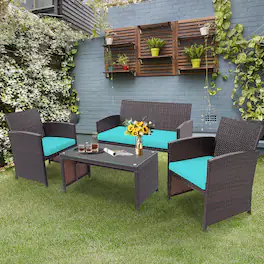Costway - 4PCS Patio Rattan Furniture Set Cushioned Chair Sofa Coffee Table - Turquoise