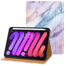 DTTO - Case for iPad Mini 7 (A17 Pro) 2024 / Mini 6 2021 8.3" - Leather Folio Stand with Pencil Holder & Multi-Angle Viewing - Marble Pink
