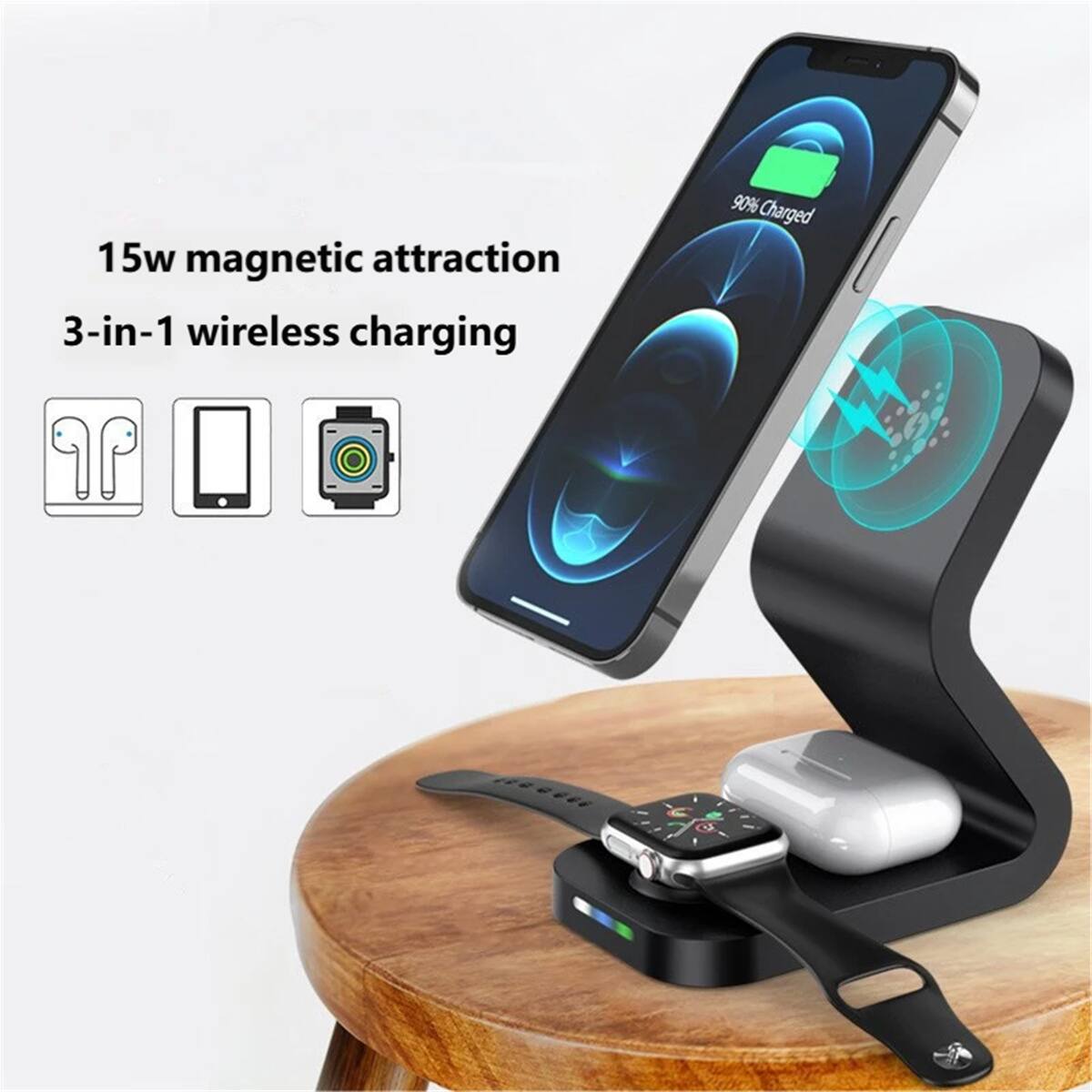 15w magnetic attraction  
3-in-1 wireless charging  
90% Charged