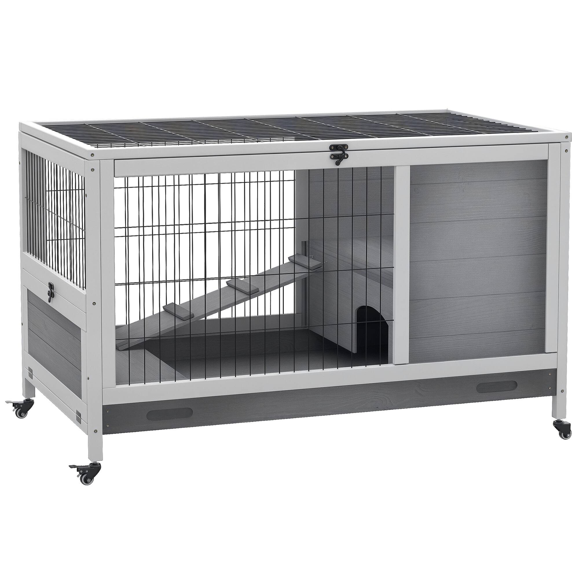 Front. Pawhut - Wooden Rabbit Hutch Indoor Outdoor, Elevated Bunny Cage with No Leak Tray, Enclosed Run with Wheels, Guinea Pigs.