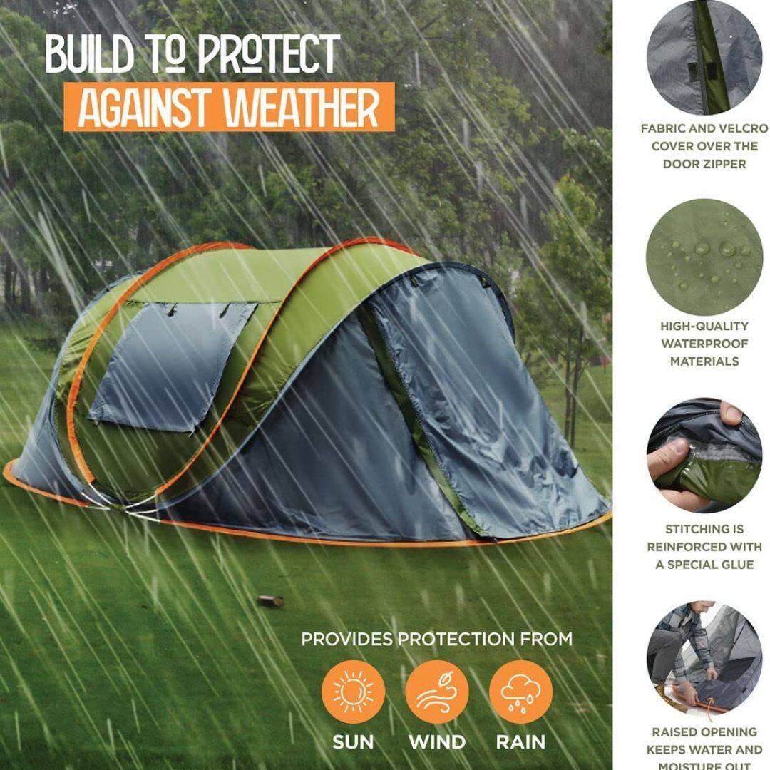 The text from the image can be grouped and corrected as follows:

**Build to Protect Against Weather**

- **Fabric and Velcro Cover Over the Door Zipper**
- **High-Quality Waterproof Materials**
- **Stitching is Reinforced with a Special Glue**
- **Raised Opening Keeps Water and Moisture Out**

**Provides Protection from:**
- Sun
- Wind
- Rain