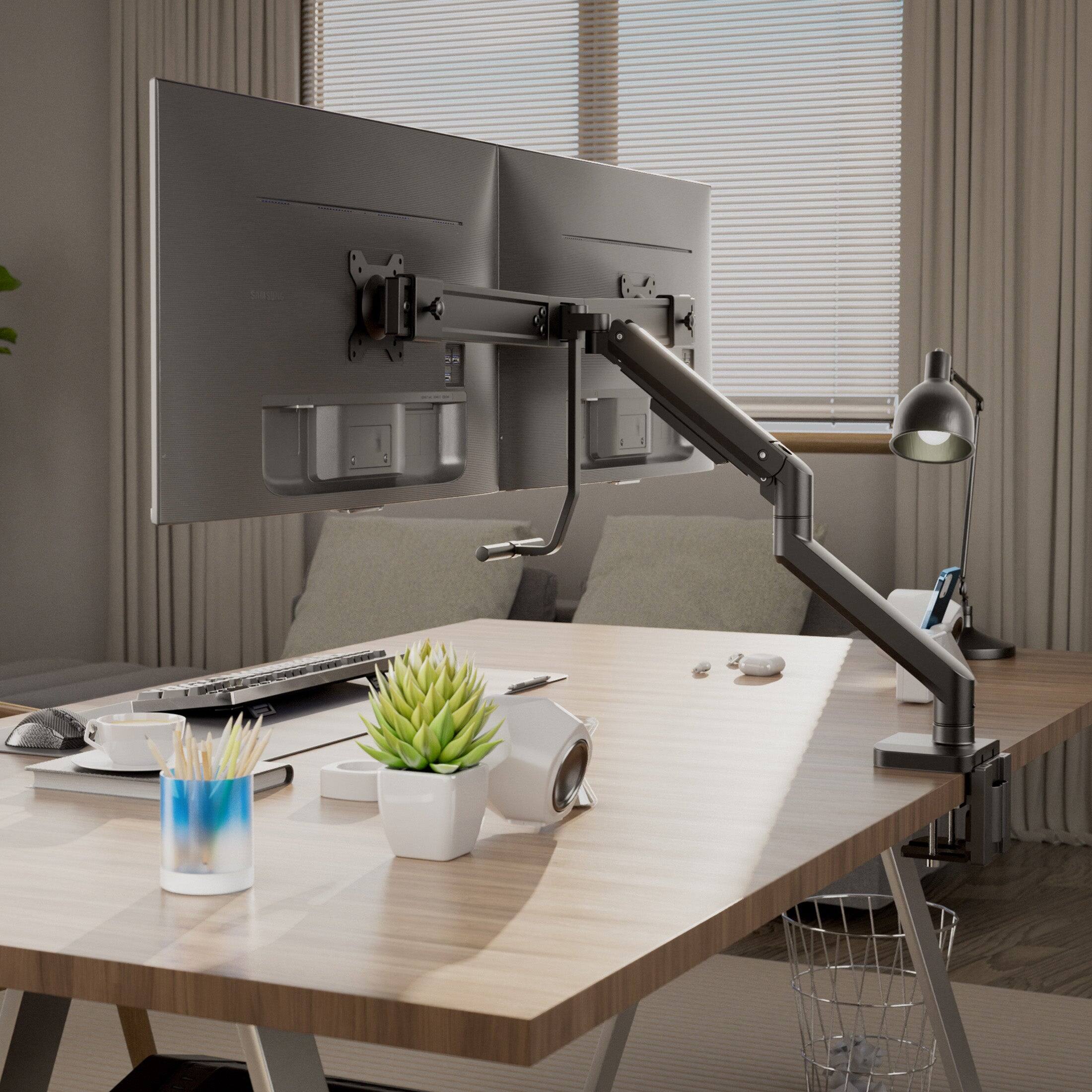 Angle. Mount-It! - Dual Monitor Desk Mount with Crossbar, Gas Spring Arms, USB-C, Fits 17-32 Inch Screens - Black.