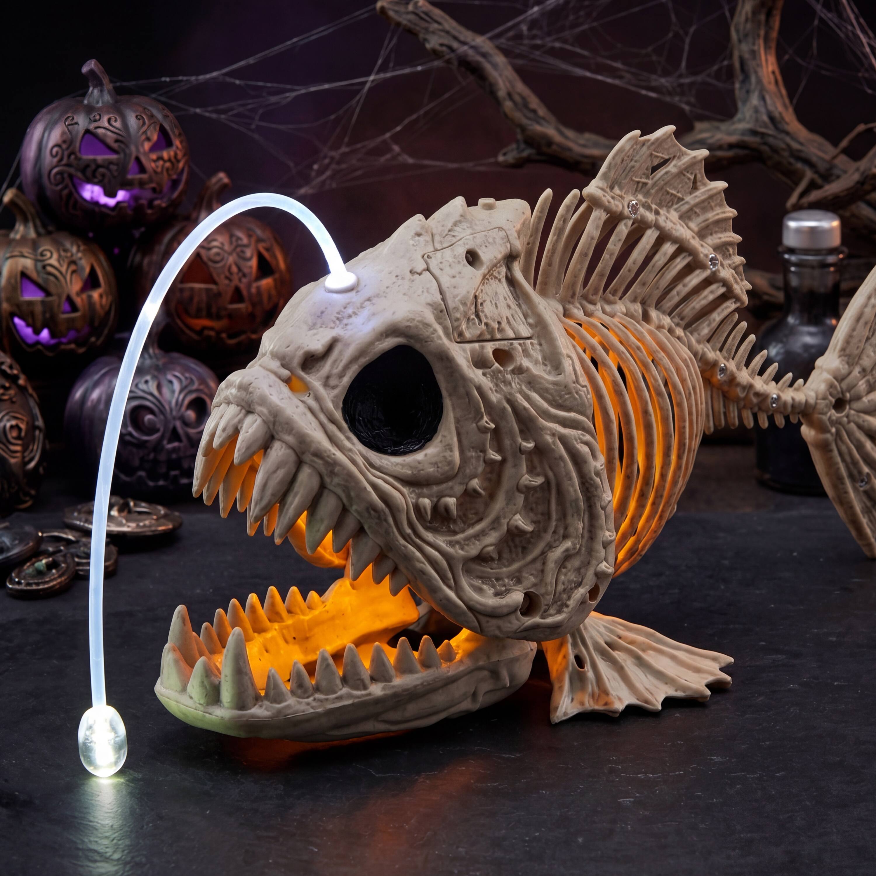 Alt View 2. Joyfy - Halloween Skeleton Lantern Fish with LED Eyes - 10.2” Plastic Bone Decor for Indoor Outdoor Party, Spooky Scene Prop - White.
