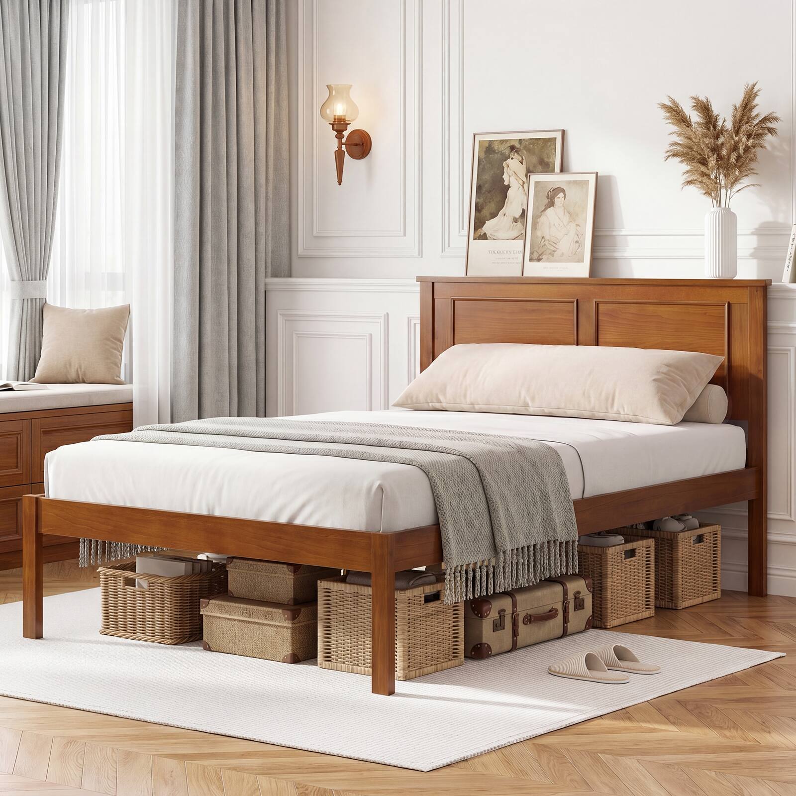 Alt View 4. Gymax - Gymax Twin Size Bed Frame Farmhouse Wooden Platform Bed w/Headboard Under-Bed Storage - Brown.