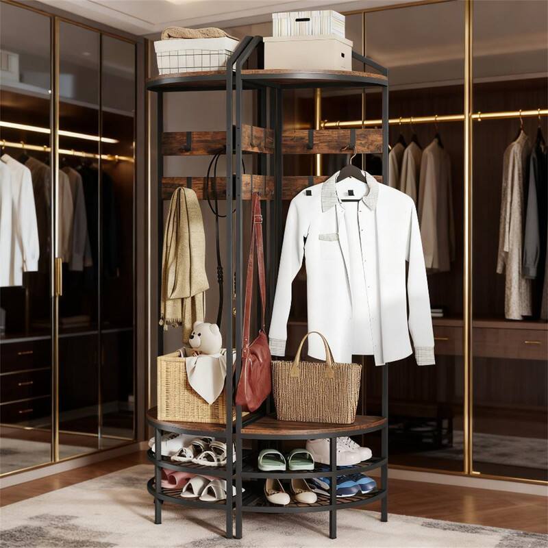 Back. ALEXOUN - Corner Hall Tree Coat Rack - Industrial 4-Tier Design with Shoe Storage, 8 Movable Hooks and 2 Shelves for Entryway - Brown.