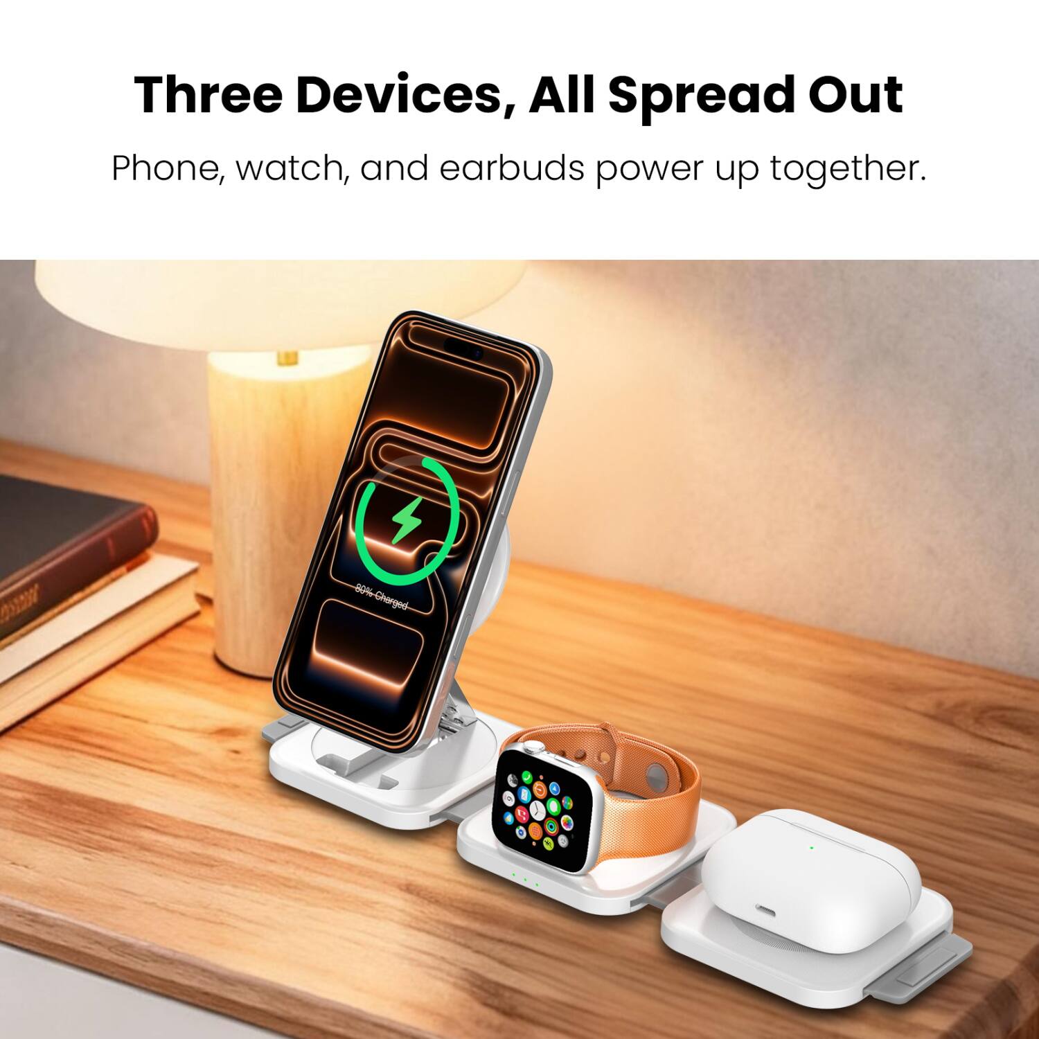 Three Devices, All Spread Out  
Phone, watch, and earbuds power up together.